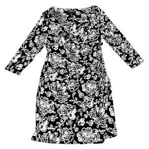 Lauren Ralph Lauren Ruched Sheath Dress Black White Floral Print Womens 6